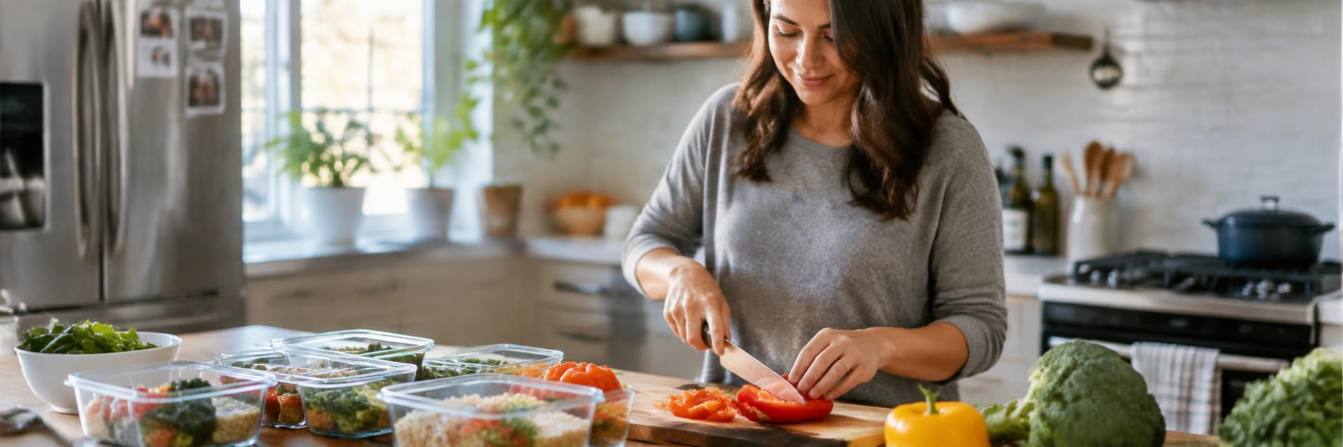 A woman preparing fresh vegetables for meal prep in her kitchen